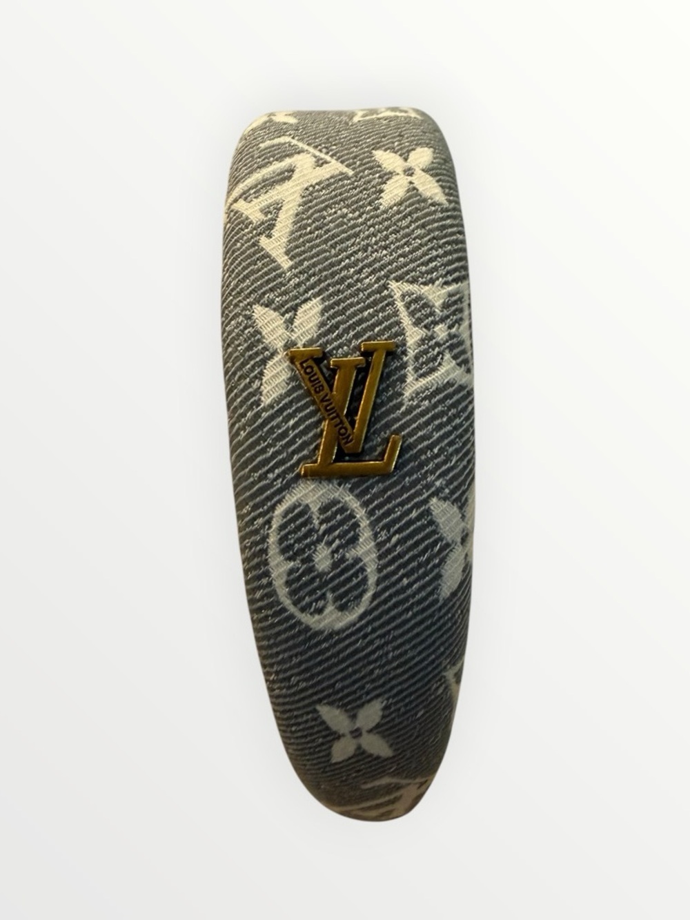 NWOT Source Unknown Blue Denim-Style Monogram Headband with Gold Emblem